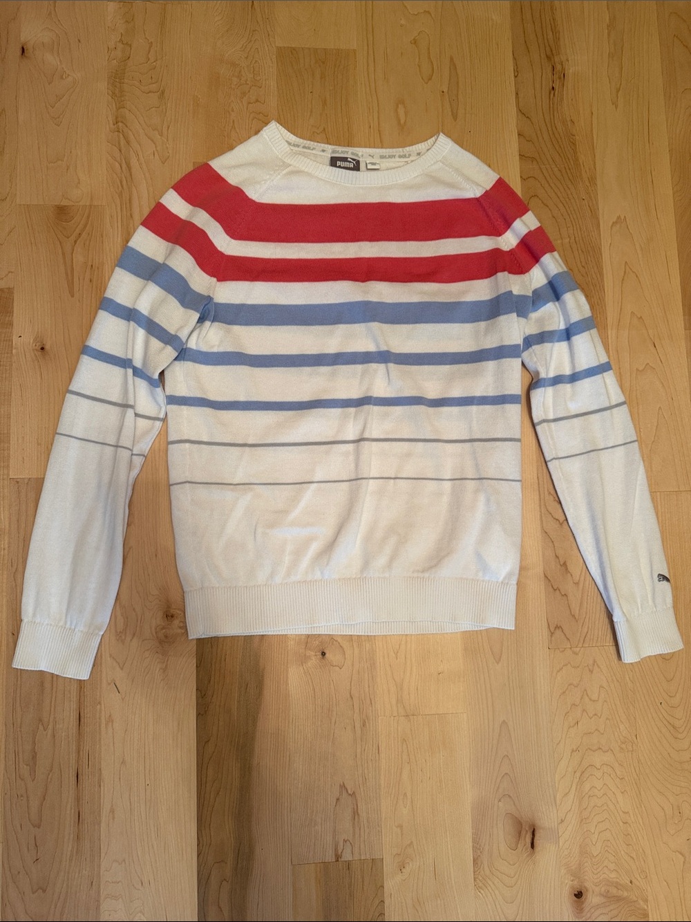 Puma Striped Crewneck Sweater in White, Pink & Light Blue
